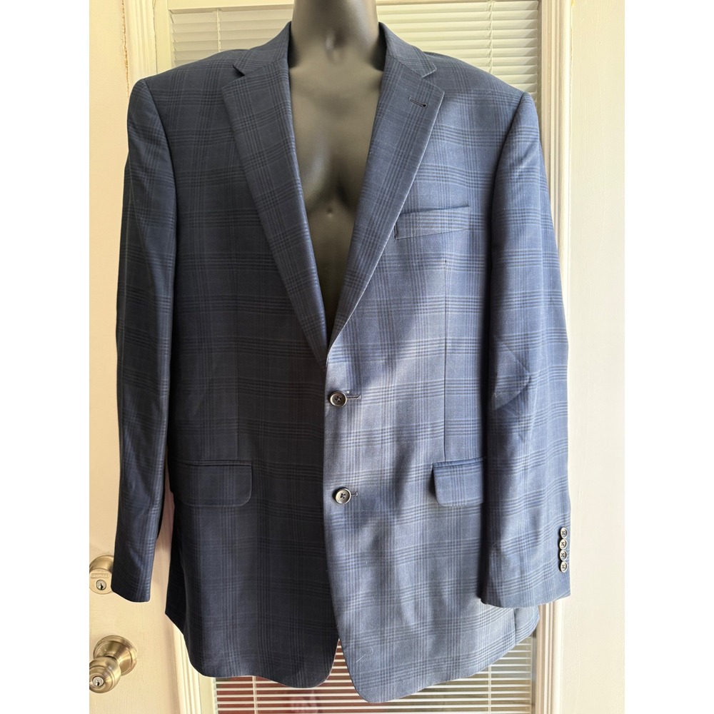 Jos. A. Bank Blazer Mens 44L Blue Silk Wool windowpane Plaid Sport Coat